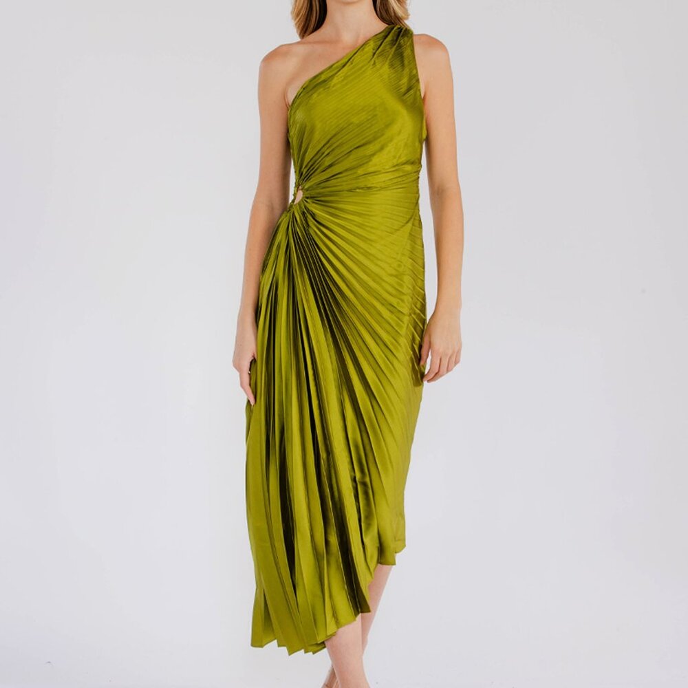 Olive one shoulder silky pleated dress - Elegant and luxury party dress - Picture 5 of 6